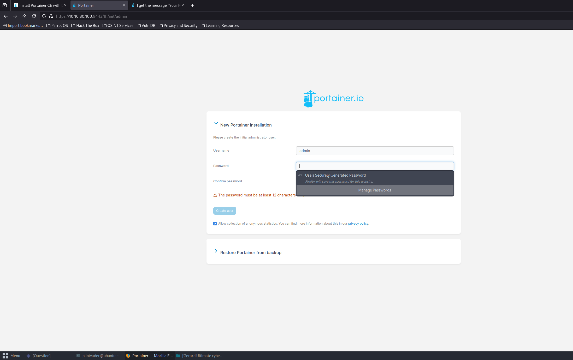 Accessing portainer dashboard in browser